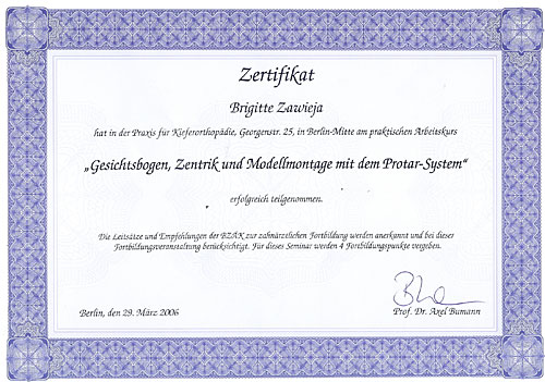 Seminar: Gesichtsbogen, Zentrik und Modellmontage mit dem Protar-System - Berlin, 29.3.2006